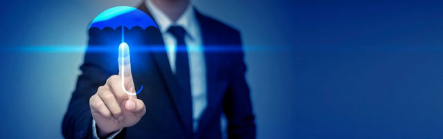 Inszone Insurance Umbrella and Excess Insurance Page Banner - Male Wearing Corporate Attire Pointing at Transparent Board